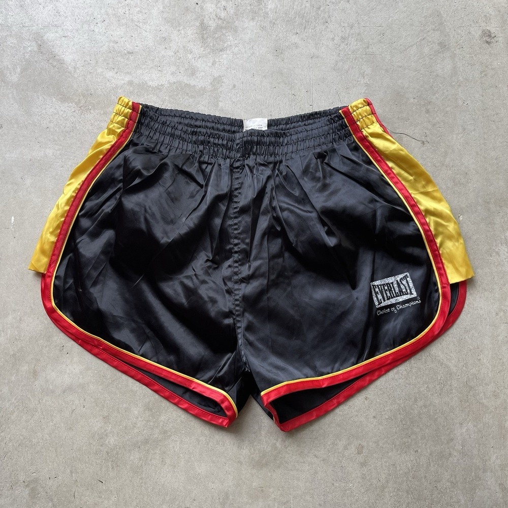 Vintage Everlast Boxing Shorts Satin Black Red Yellow Fight MMA Y2K Size L